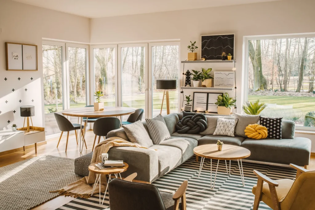 A brightly lit living area with a large couch and kitchen table with chairs