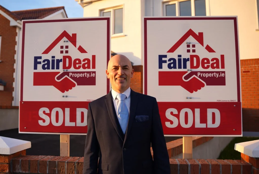 A man in a suit and tie stands with Fair Deal Property signage